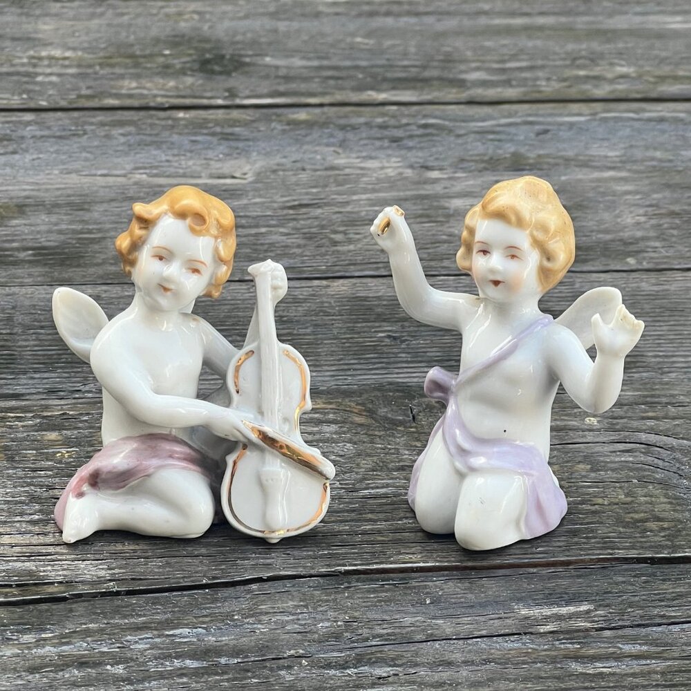 Vintage Cherubs Angel Band Porcelain Figurines Japan Violin & Conductor